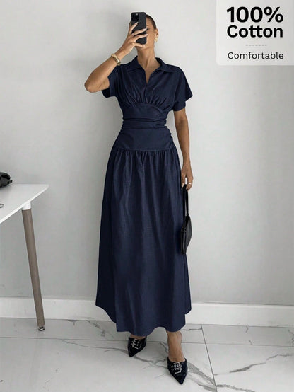 Siren Gaze Women's Elegant Dress Shirt Collar Short Sleeve V Neck Ruched Cinched Waist A-Line Midi Shirt Dres