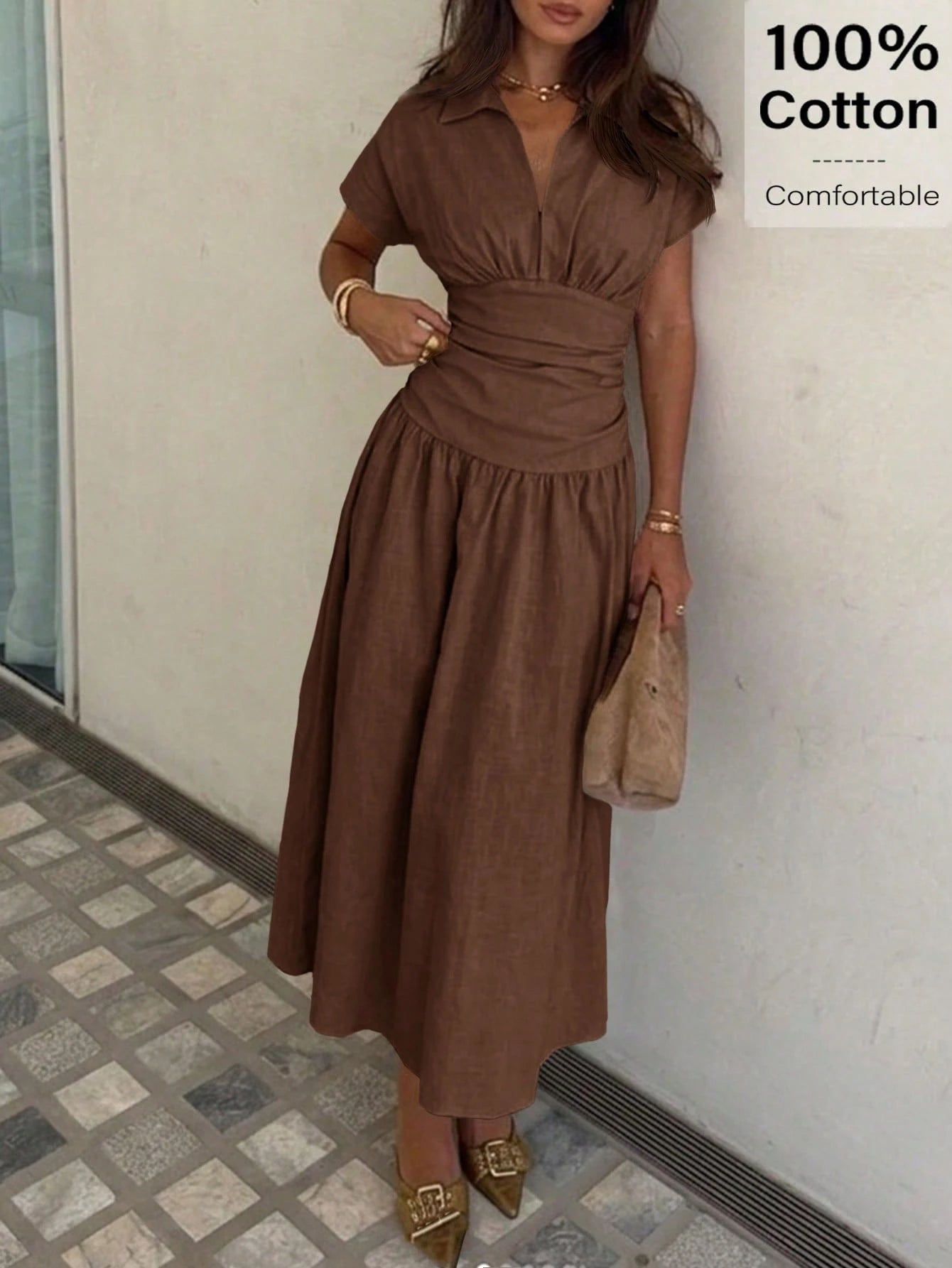 Siren Gaze Women's Elegant Dress Shirt Collar Short Sleeve V Neck Ruched Cinched Waist A-Line Midi Shirt Dres