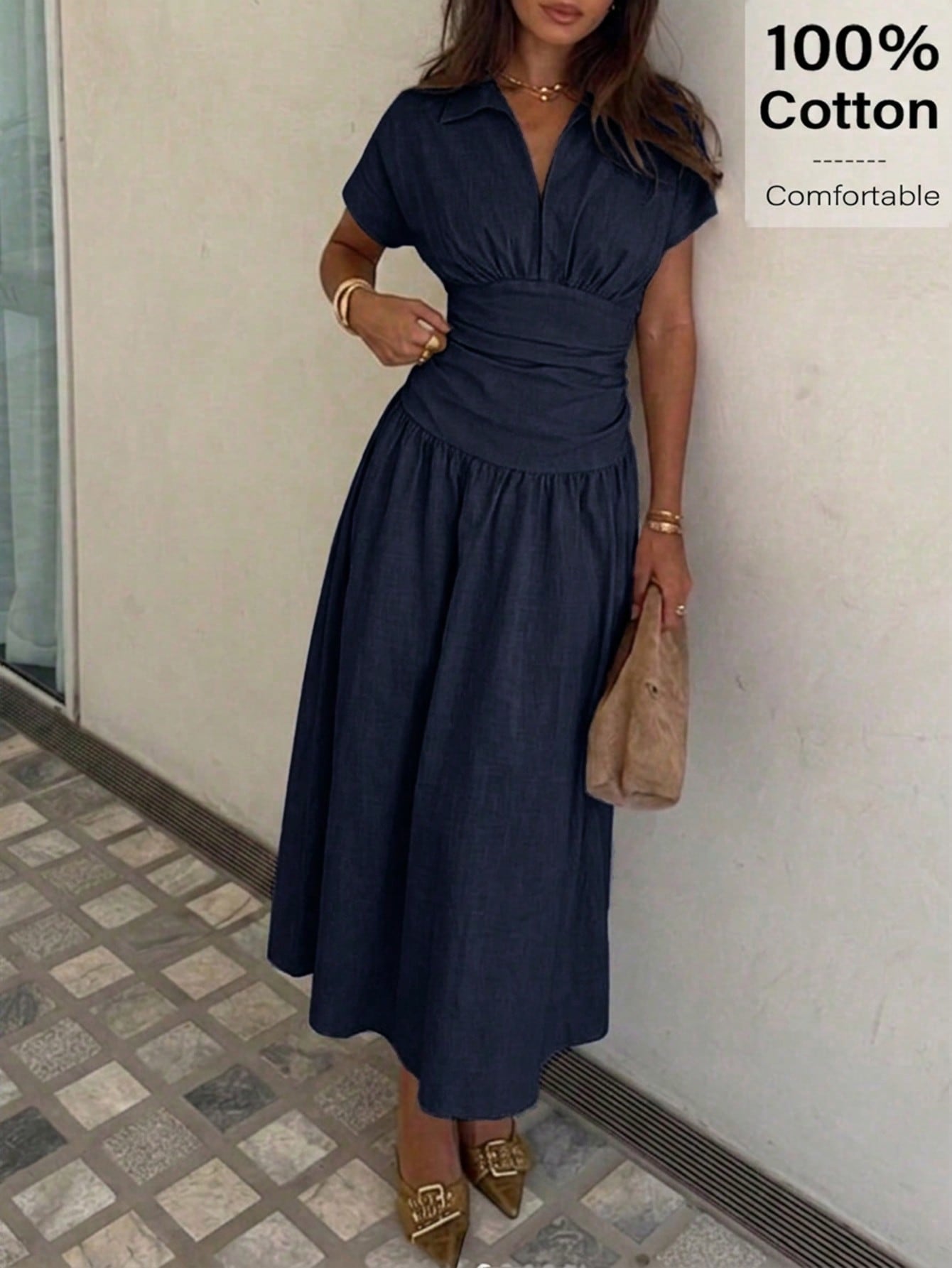 Siren Gaze Women's Elegant Dress Shirt Collar Short Sleeve V Neck Ruched Cinched Waist A-Line Midi Shirt Dres