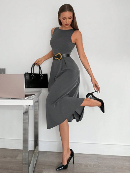 Siren Gaze Women's High-Waist Dark Grey Sleeveless A-Line Pocket Midi Dress, Autumn Elegant Office Professional Business Casual Summer Teachers' Day