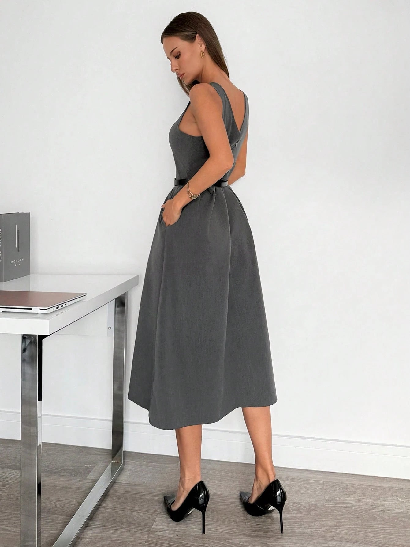 Siren Gaze Women's High-Waist Dark Grey Sleeveless A-Line Pocket Midi Dress, Autumn Elegant Office Professional Business Casual Summer Teachers' Day