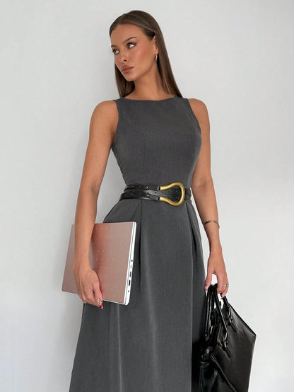 Siren Gaze Women's High-Waist Dark Grey Sleeveless A-Line Pocket Midi Dress, Autumn Elegant Office Professional Business Casual Summer Teachers' Day