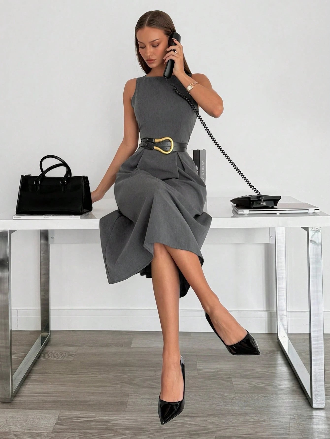 Siren Gaze Women's High-Waist Dark Grey Sleeveless A-Line Pocket Midi Dress, Autumn Elegant Office Professional Business Casual Summer Teachers' Day