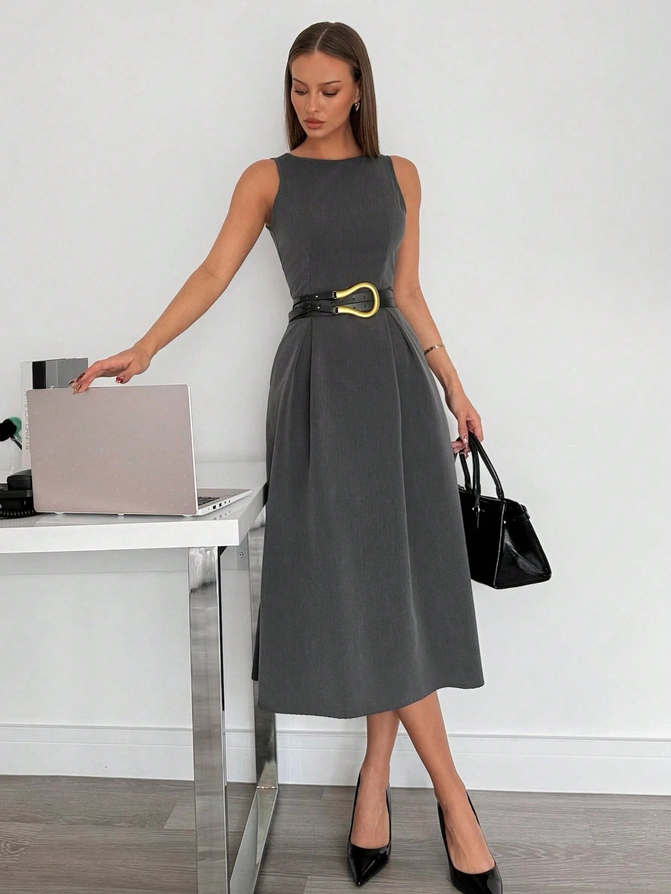 Siren Gaze Women's High-Waist Dark Grey Sleeveless A-Line Pocket Midi Dress, Autumn Elegant Office Professional Business Casual Summer Teachers' Day