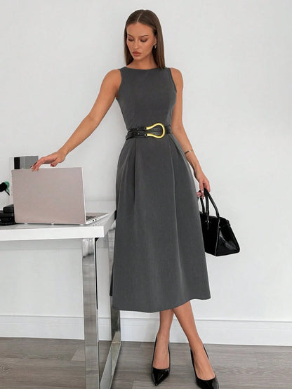 Siren Gaze Women's High-Waist Dark Grey Sleeveless A-Line Pocket Midi Dress, Autumn Elegant Office Professional Business Casual Summer Teachers' Day