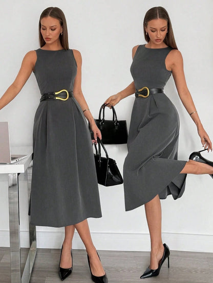 Siren Gaze Women's High-Waist Dark Grey Sleeveless A-Line Pocket Midi Dress, Autumn Elegant Office Professional Business Casual Summer Teachers' Day