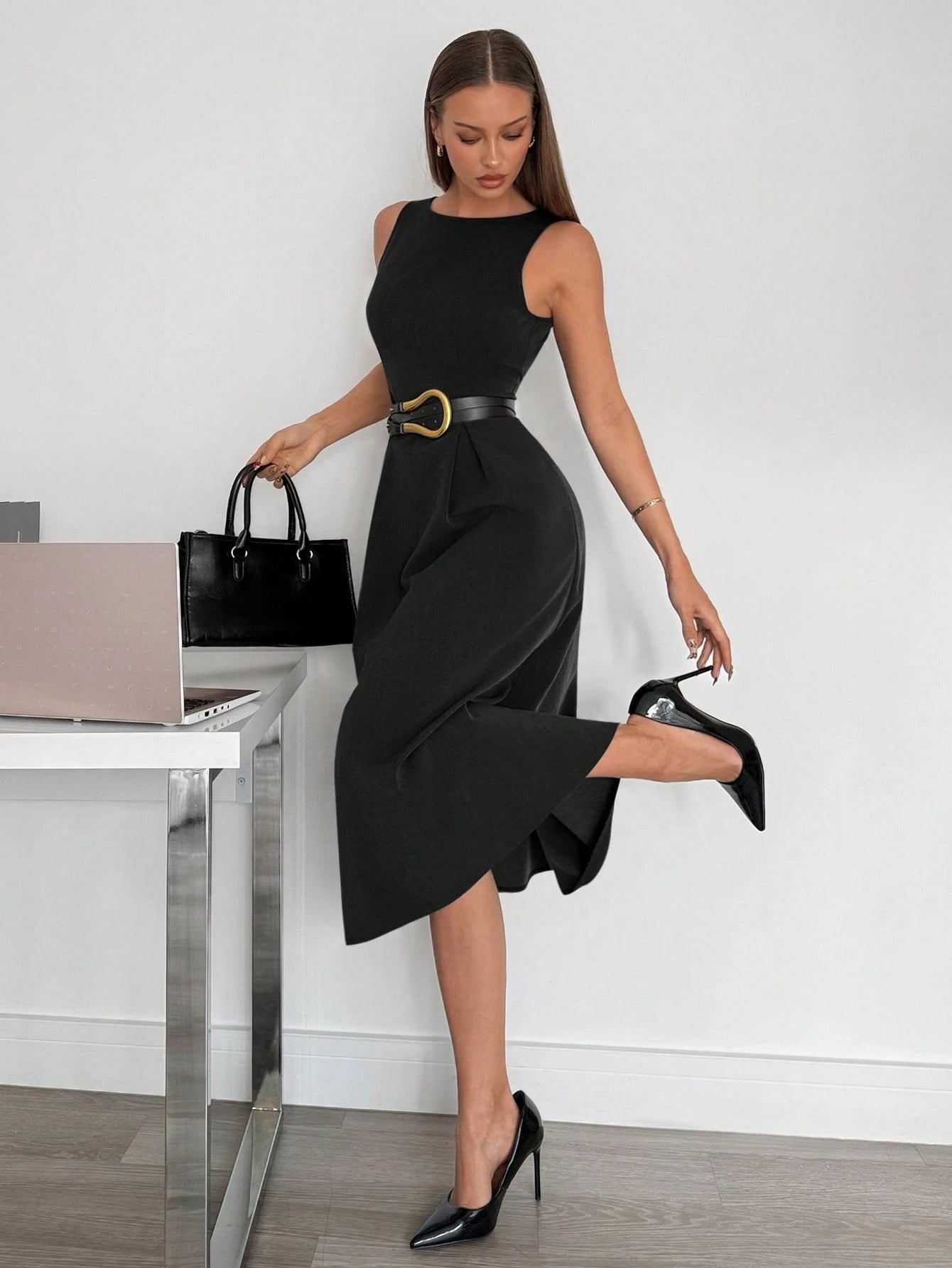 Siren Gaze Women's High-Waist Dark Grey Sleeveless A-Line Pocket Midi Dress, Autumn Elegant Office Professional Business Casual Summer Teachers' Day