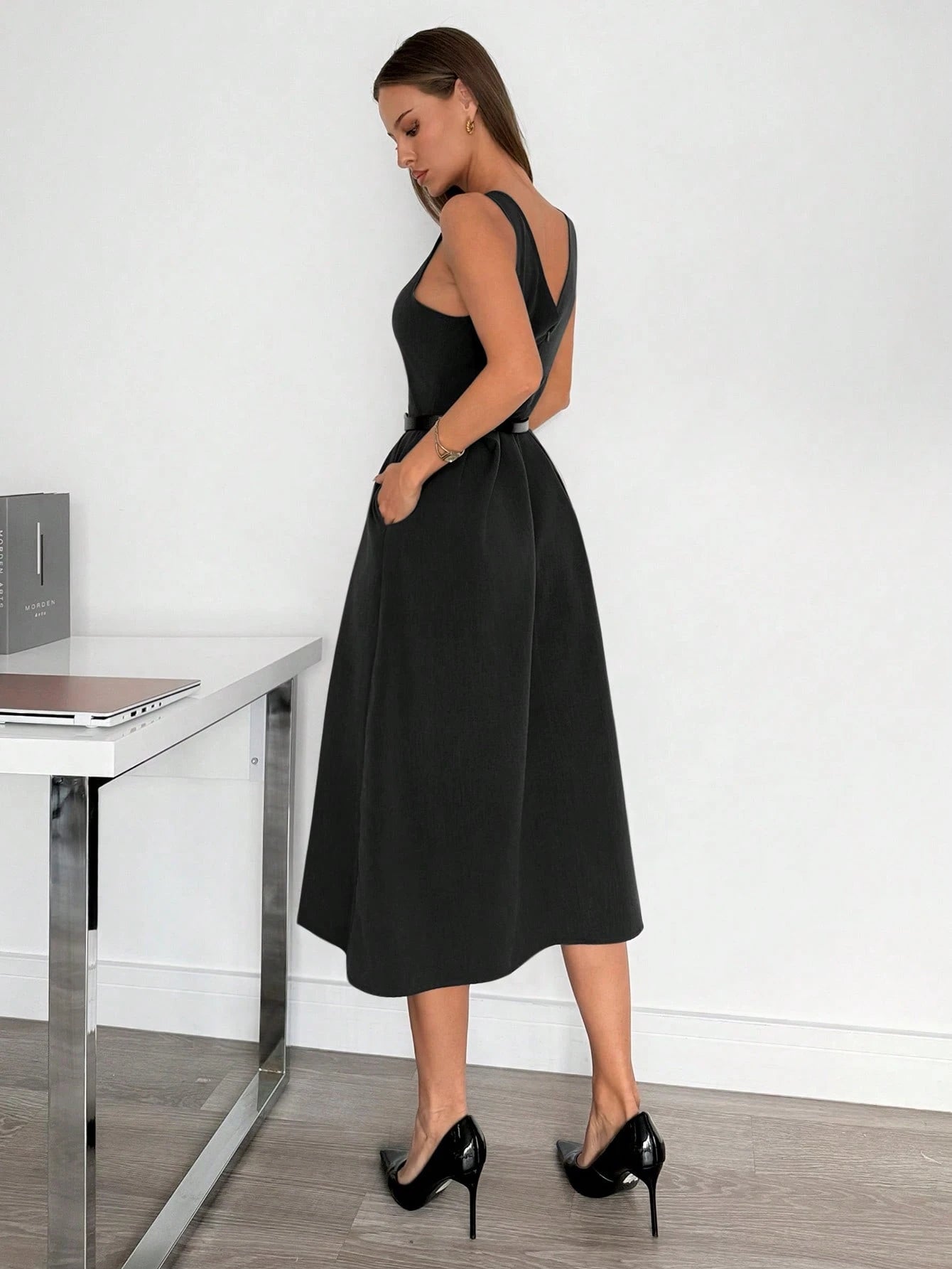 Siren Gaze Women's High-Waist Dark Grey Sleeveless A-Line Pocket Midi Dress, Autumn Elegant Office Professional Business Casual Summer Teachers' Day