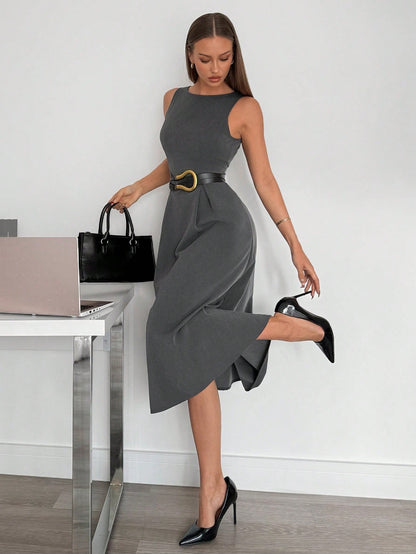 Siren Gaze Women's High-Waist Dark Grey Sleeveless A-Line Pocket Midi Dress, Autumn Elegant Office Professional Business Casual Summer Teachers' Day