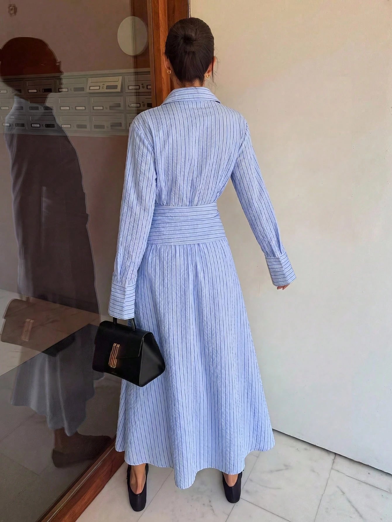 Siren Gaze Women's Light Blue And White Stripe Long Sleeve Ruched Waist Casual Coastal Elegant French Dress Party Brunch Vacation Tea Teachers' Day Autumn