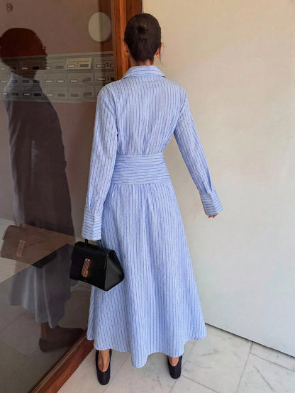 Siren Gaze Women's Light Blue And White Stripe Long Sleeve Ruched Waist Casual Coastal Elegant French Dress Party Brunch Vacation Tea Teachers' Day Autumn