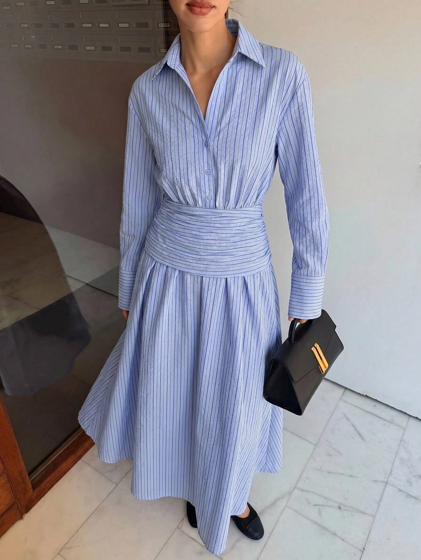 Siren Gaze Women's Light Blue And White Stripe Long Sleeve Ruched Waist Casual Coastal Elegant French Dress Party Brunch Vacation Tea Teachers' Day Autumn