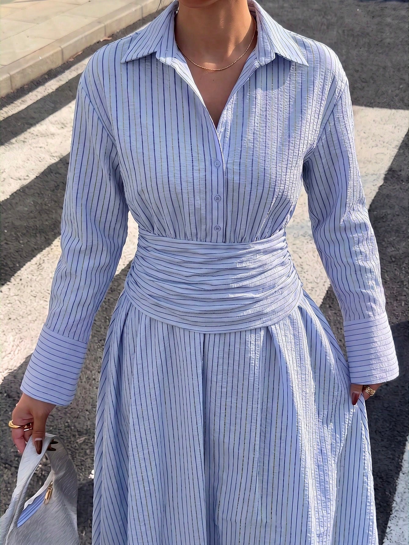 Siren Gaze Women's Light Blue And White Stripe Long Sleeve Ruched Waist Casual Coastal Elegant French Dress Party Brunch Vacation Tea Teachers' Day Autumn