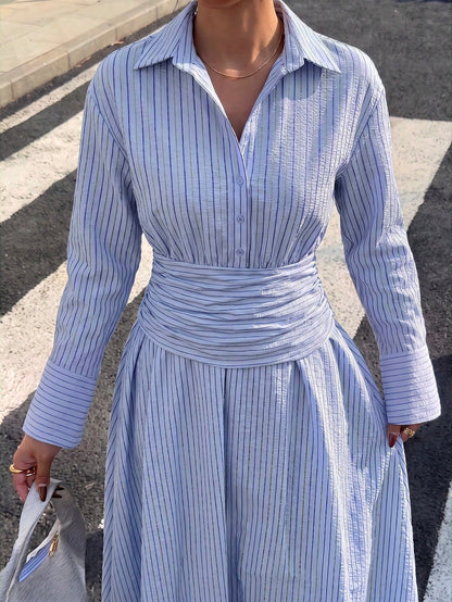 Siren Gaze Women's Light Blue And White Stripe Long Sleeve Ruched Waist Casual Coastal Elegant French Dress Party Brunch Vacation Tea Teachers' Day Autumn