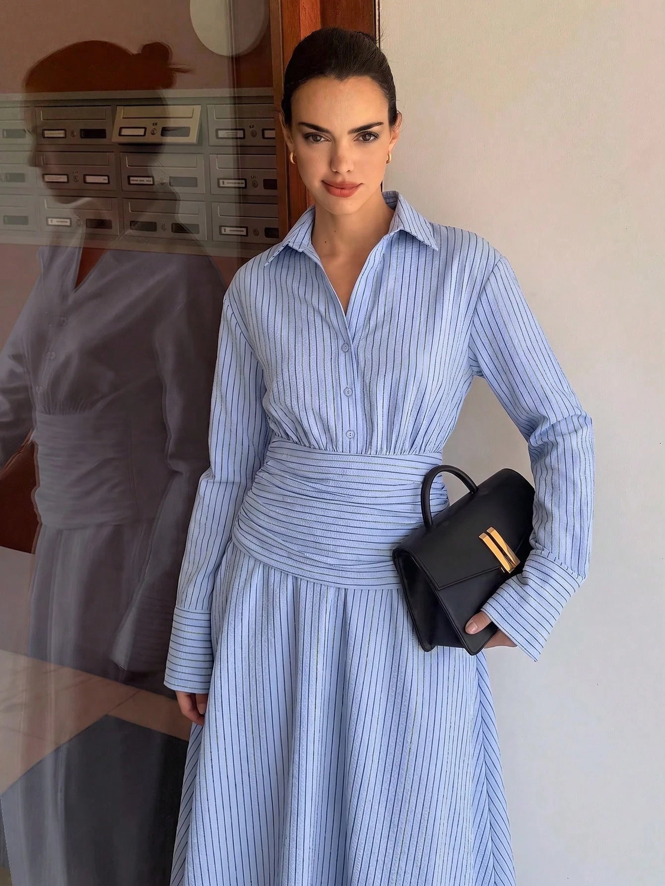 Siren Gaze Women's Light Blue And White Stripe Long Sleeve Ruched Waist Casual Coastal Elegant French Dress Party Brunch Vacation Tea Teachers' Day Autumn