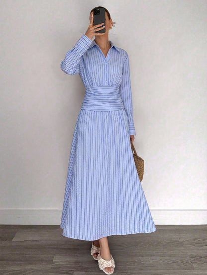 Siren Gaze Women's Light Blue And White Stripe Long Sleeve Ruched Waist Casual Coastal Elegant French Dress Party Brunch Vacation Tea Teachers' Day Autumn
