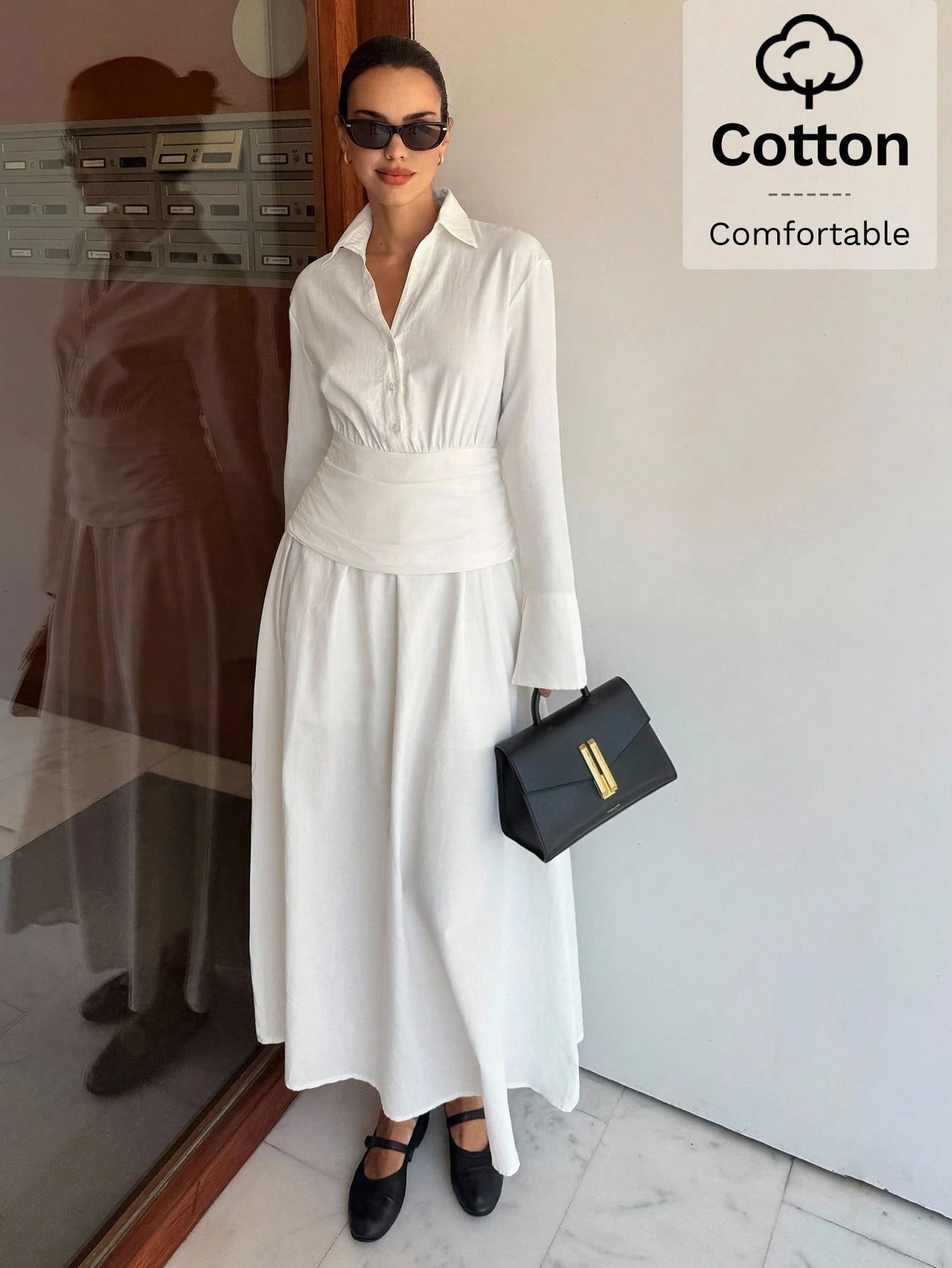Siren Gaze Women's Light Blue And White Stripe Long Sleeve Ruched Waist Casual Coastal Elegant French Dress Party Brunch Vacation Tea Teachers' Day Autumn