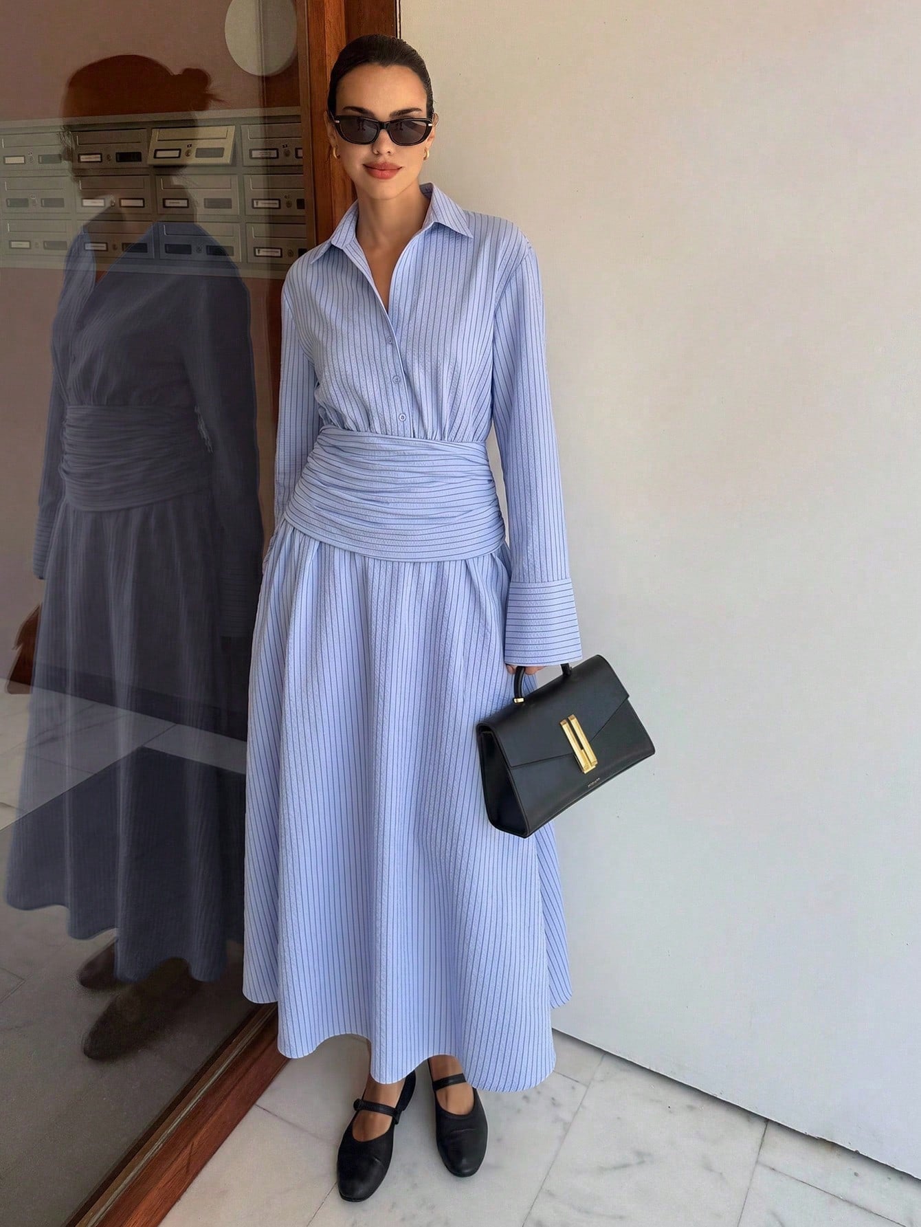 Siren Gaze Women's Light Blue And White Stripe Long Sleeve Ruched Waist Casual Coastal Elegant French Dress Party Brunch Vacation Tea Teachers' Day Autumn