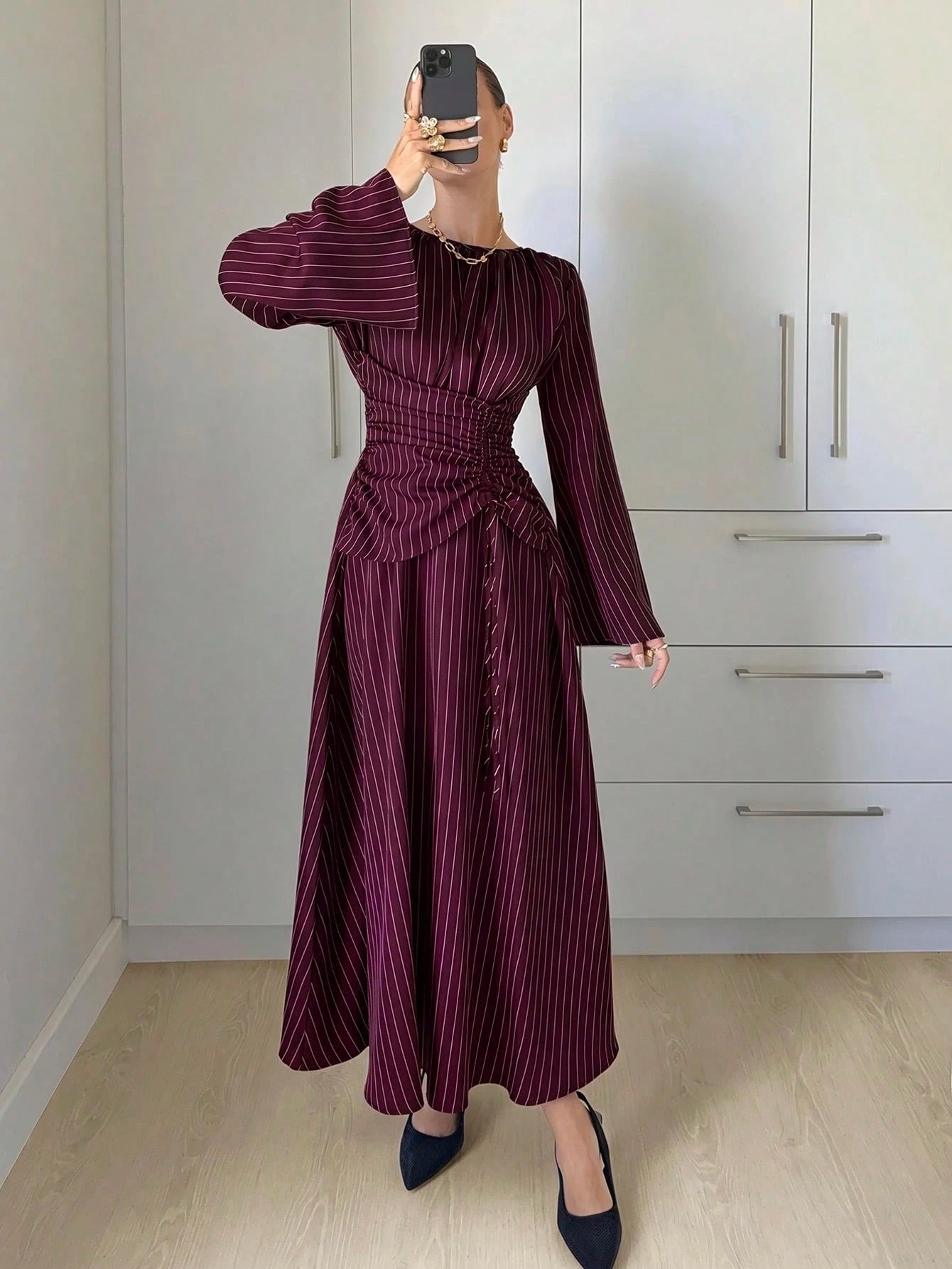 Siren Gaze Women's Striped Pleated Casual Elegant Party Office Long Dress Pink Stripe Autumn