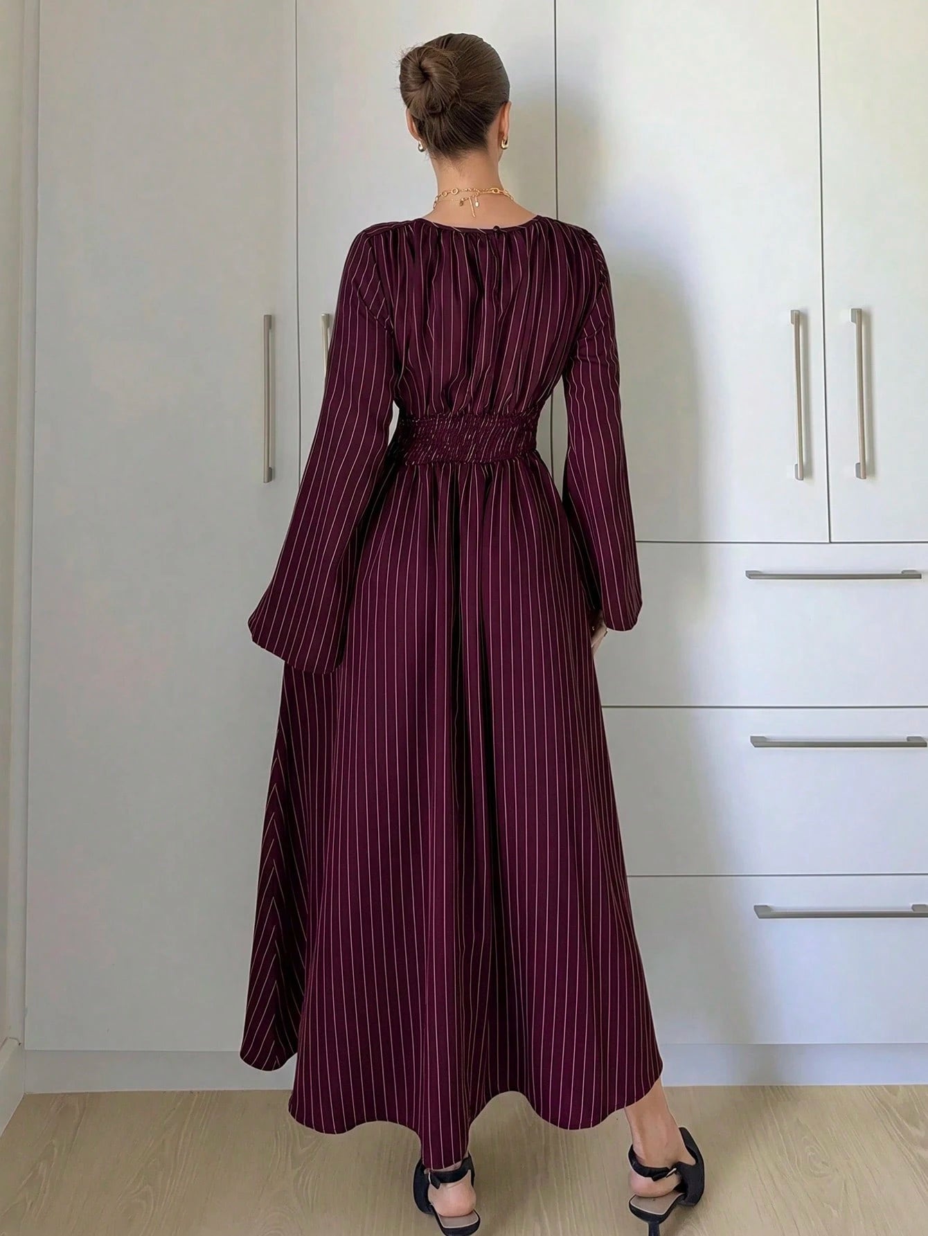 Siren Gaze Women's Striped Pleated Casual Elegant Party Office Long Dress Pink Stripe Autumn