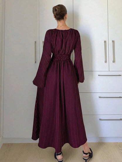 Siren Gaze Women's Striped Pleated Casual Elegant Party Office Long Dress Pink Stripe Autumn
