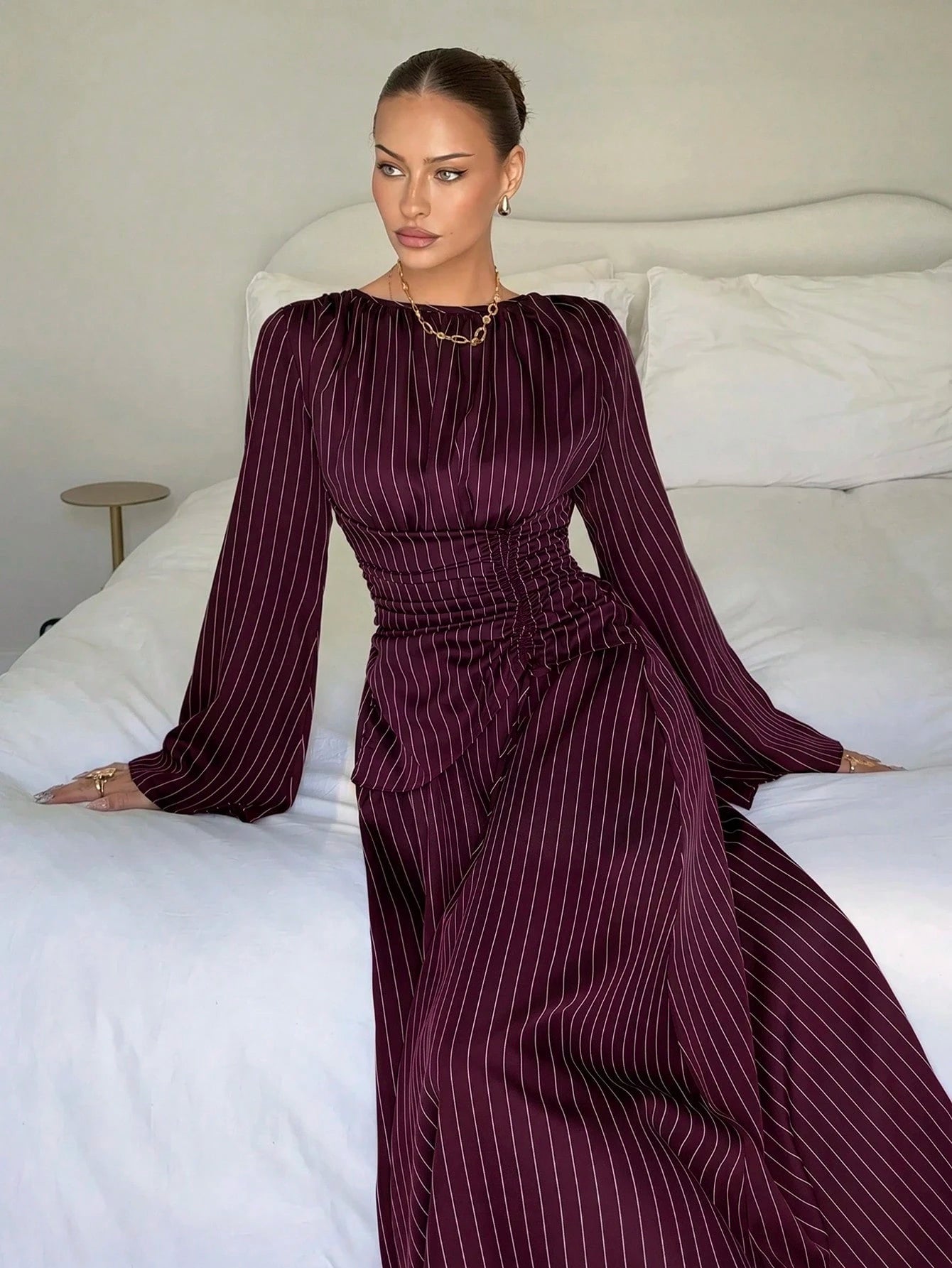 Siren Gaze Women's Striped Pleated Casual Elegant Party Office Long Dress Pink Stripe Autumn