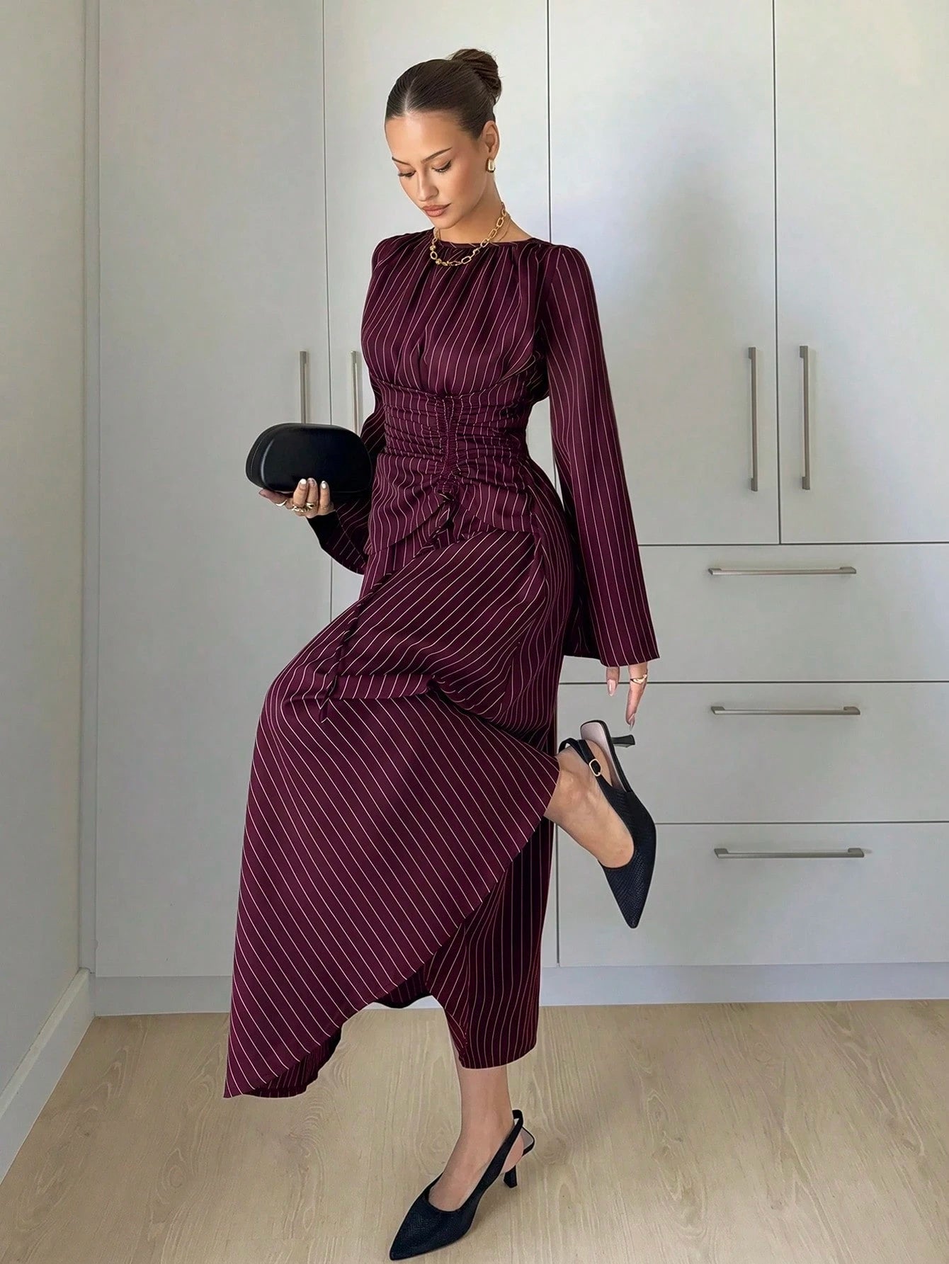 Siren Gaze Women's Striped Pleated Casual Elegant Party Office Long Dress Pink Stripe Autumn