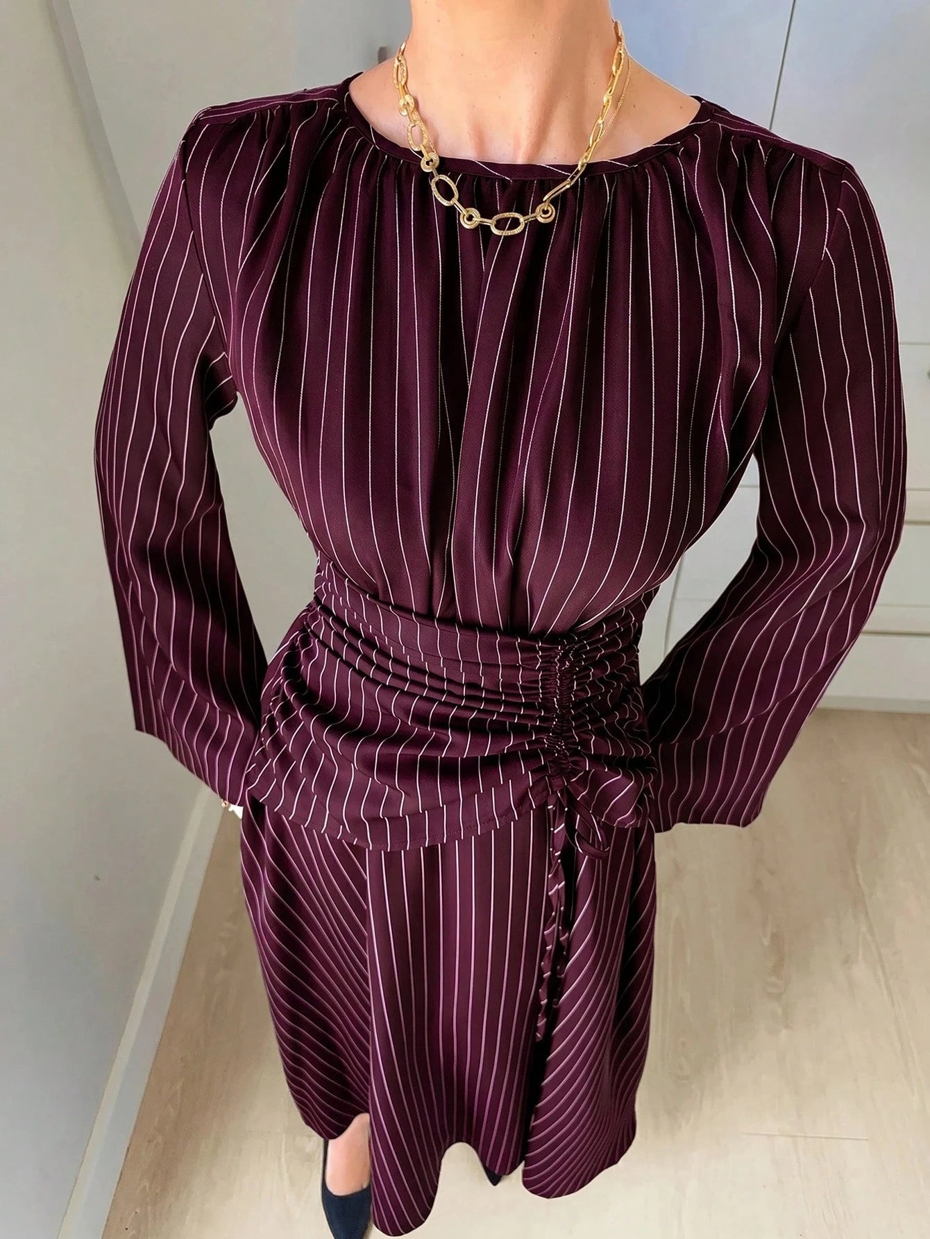Siren Gaze Women's Striped Pleated Casual Elegant Party Office Long Dress Pink Stripe Autumn