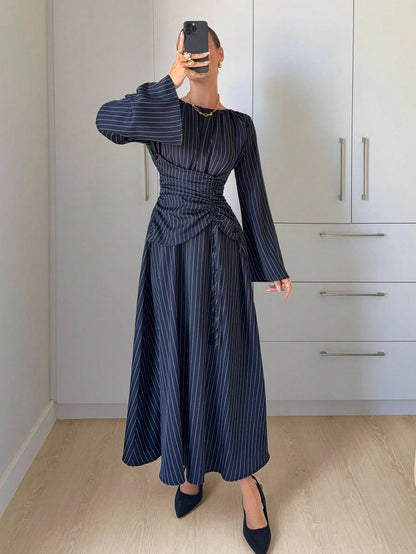 Siren Gaze Women's Striped Pleated Casual Elegant Party Office Long Dress Pink Stripe Autumn