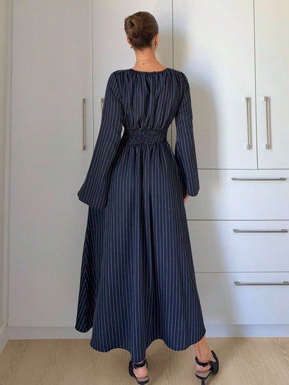 Siren Gaze Women's Striped Pleated Casual Elegant Party Office Long Dress Pink Stripe Autumn