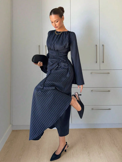 Siren Gaze Women's Striped Pleated Casual Elegant Party Office Long Dress Pink Stripe Autumn