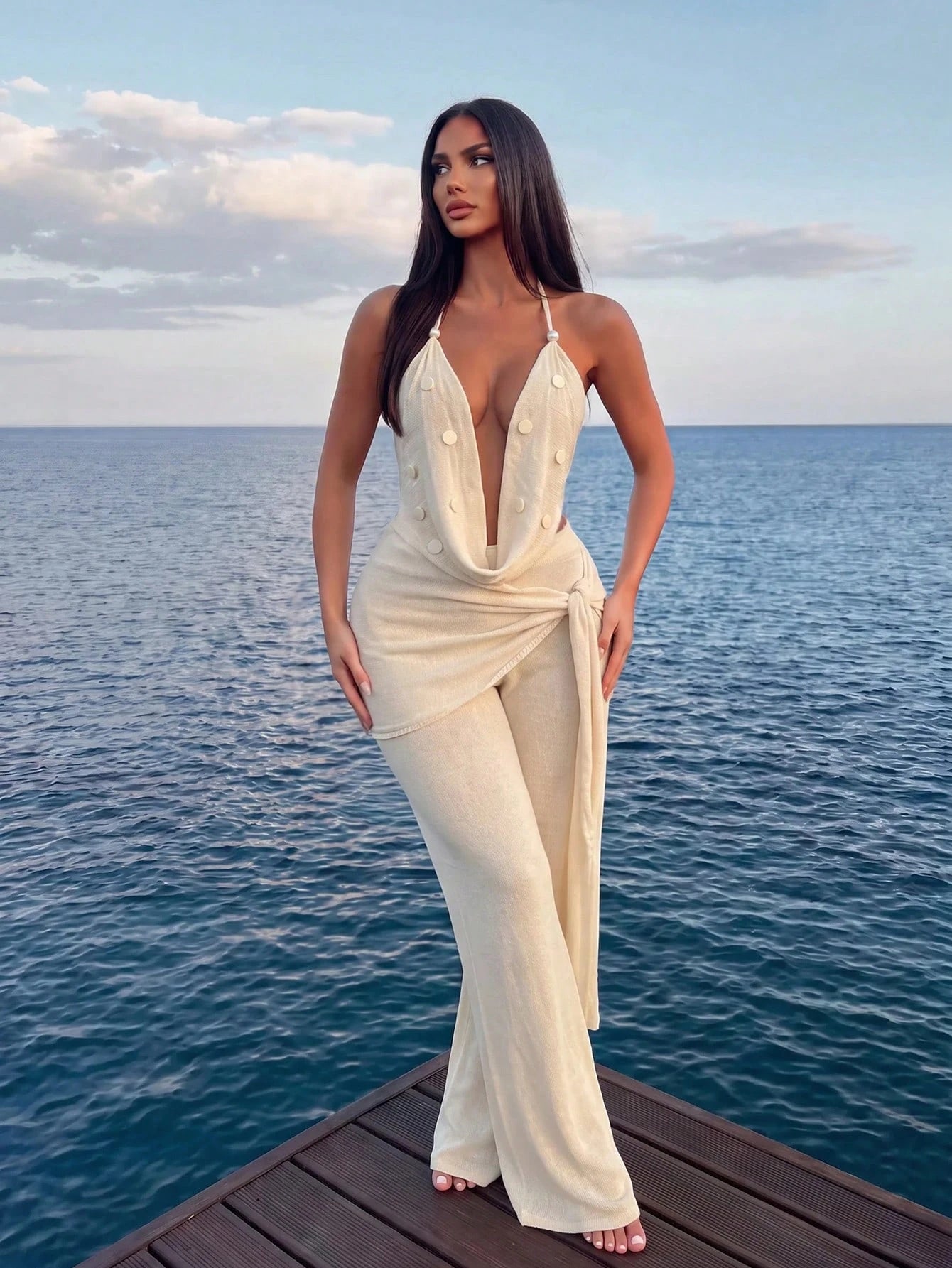 Sirith 2pcs/Set Women's White Knitted Draped Neck Tie Sexy Backless Cowl Neck Top With Pearl Trim And Elastic Waist Flare Leg Long Pants, Elegant Vacation Beach Cover-Up