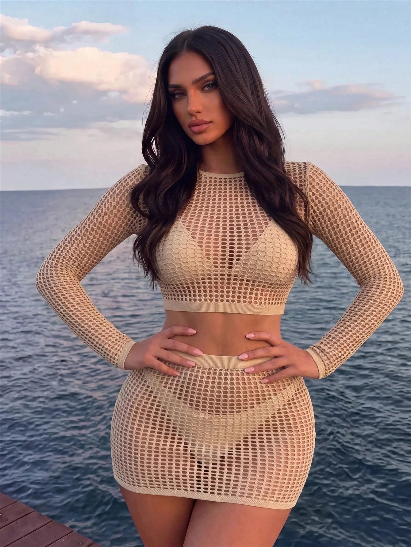 Sirith 2pcs Women Solid Color Sexy Hollow Out Tight Mesh Cover Up