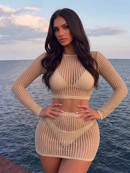 Sirith 2pcs Women Solid Color Sexy Hollow Out Tight Mesh Cover Up