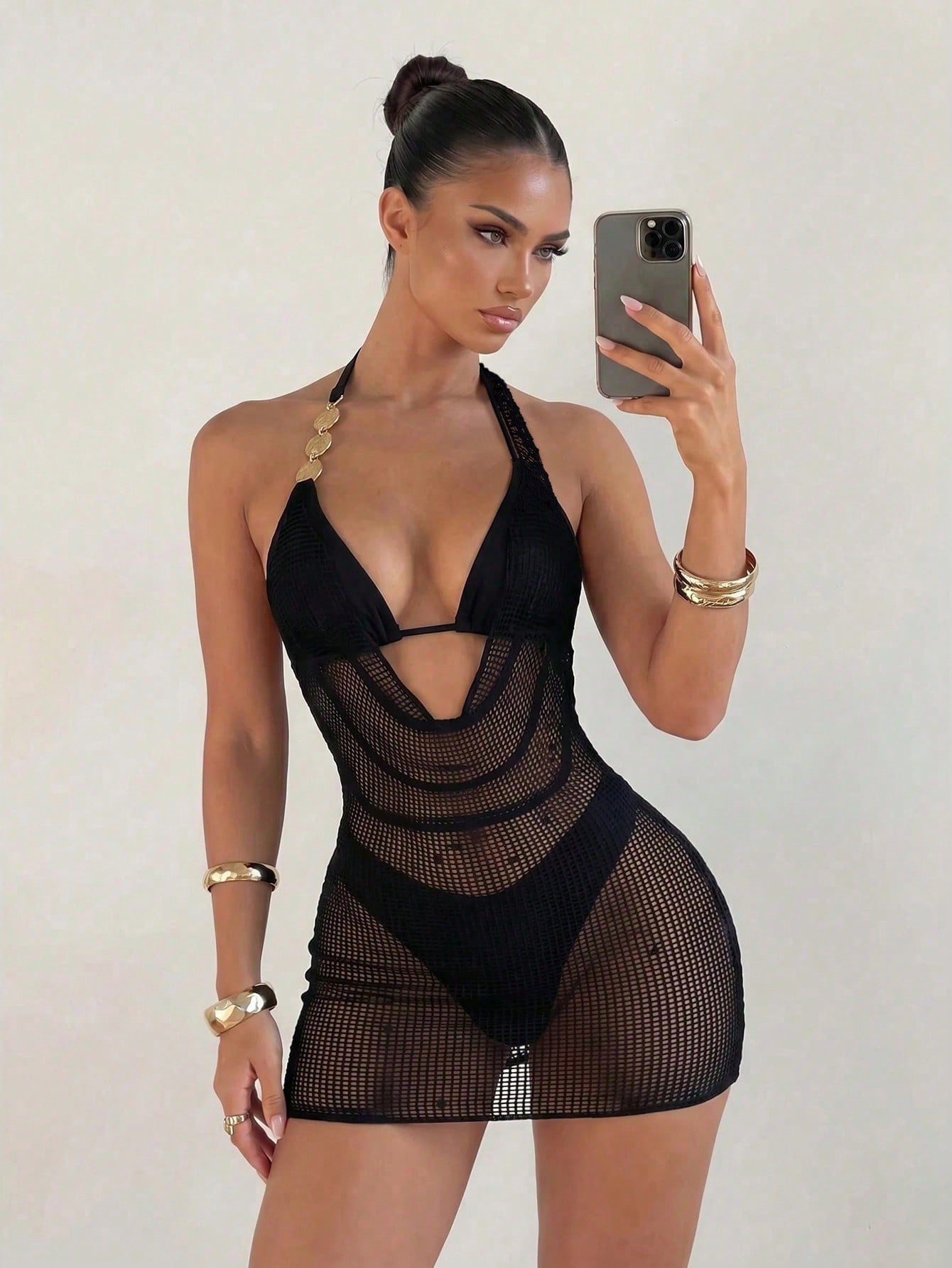 Sirith 3pcs Set, Black Summer Casual Beach Holiday Vacation Holiday Women Swimwear,Solid Textured Gold Disc Decor Triangle Top,High Cut Bottoms&Dress