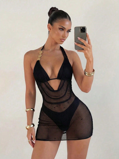 Sirith 3pcs Set, Black Summer Casual Beach Holiday Vacation Holiday Women Swimwear,Solid Textured Gold Disc Decor Triangle Top,High Cut Bottoms&Dress