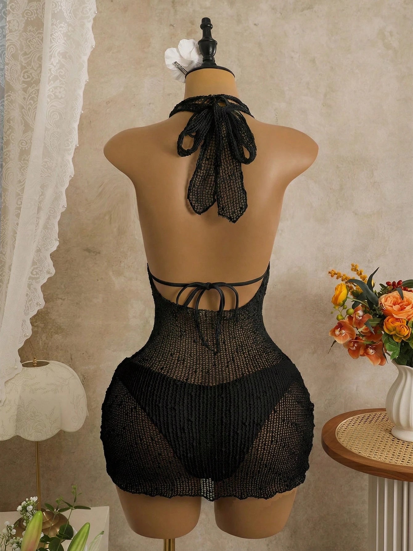 Sirith 3pcs Set, Black Summer Casual Beach Holiday Vacation Holiday Women Swimwear,Solid Textured Gold Disc Decor Triangle Top,High Cut Bottoms&Dress