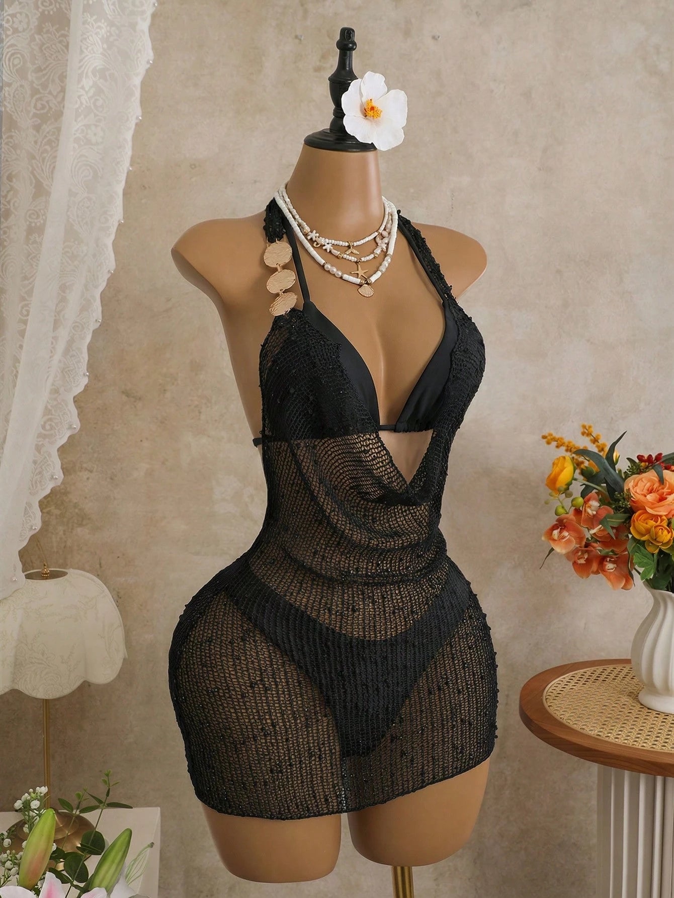 Sirith 3pcs Set, Black Summer Casual Beach Holiday Vacation Holiday Women Swimwear,Solid Textured Gold Disc Decor Triangle Top,High Cut Bottoms&Dress