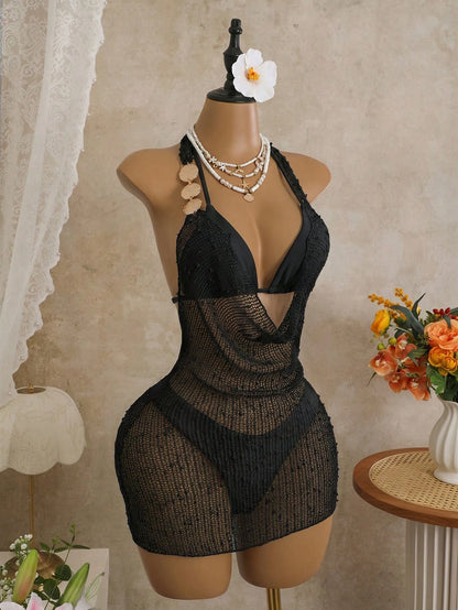 Sirith 3pcs Set, Black Summer Casual Beach Holiday Vacation Holiday Women Swimwear,Solid Textured Gold Disc Decor Triangle Top,High Cut Bottoms&Dress