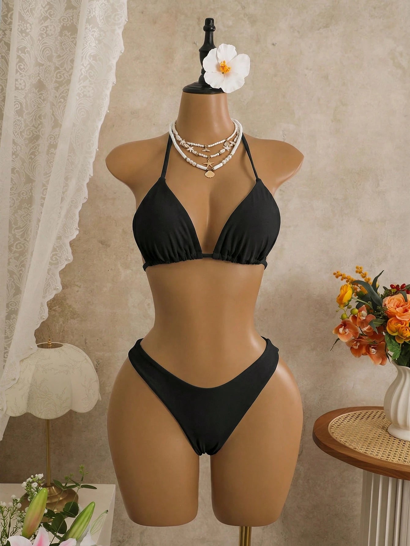 Sirith 3pcs Set, Black Summer Casual Beach Holiday Vacation Holiday Women Swimwear,Solid Textured Gold Disc Decor Triangle Top,High Cut Bottoms&Dress