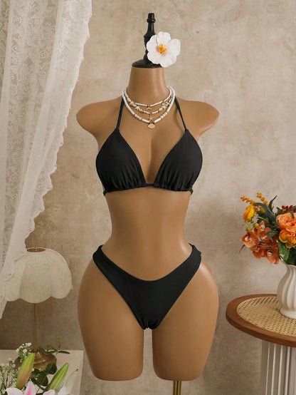 Sirith 3pcs Set, Black Summer Casual Beach Holiday Vacation Holiday Women Swimwear,Solid Textured Gold Disc Decor Triangle Top,High Cut Bottoms&Dress