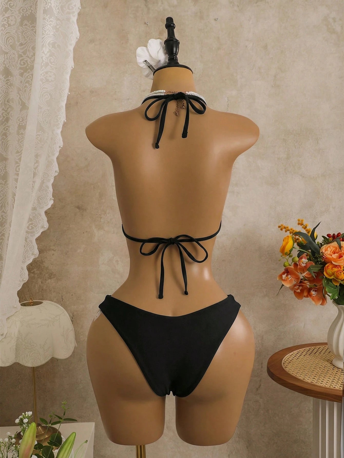 Sirith 3pcs Set, Black Summer Casual Beach Holiday Vacation Holiday Women Swimwear,Solid Textured Gold Disc Decor Triangle Top,High Cut Bottoms&Dress