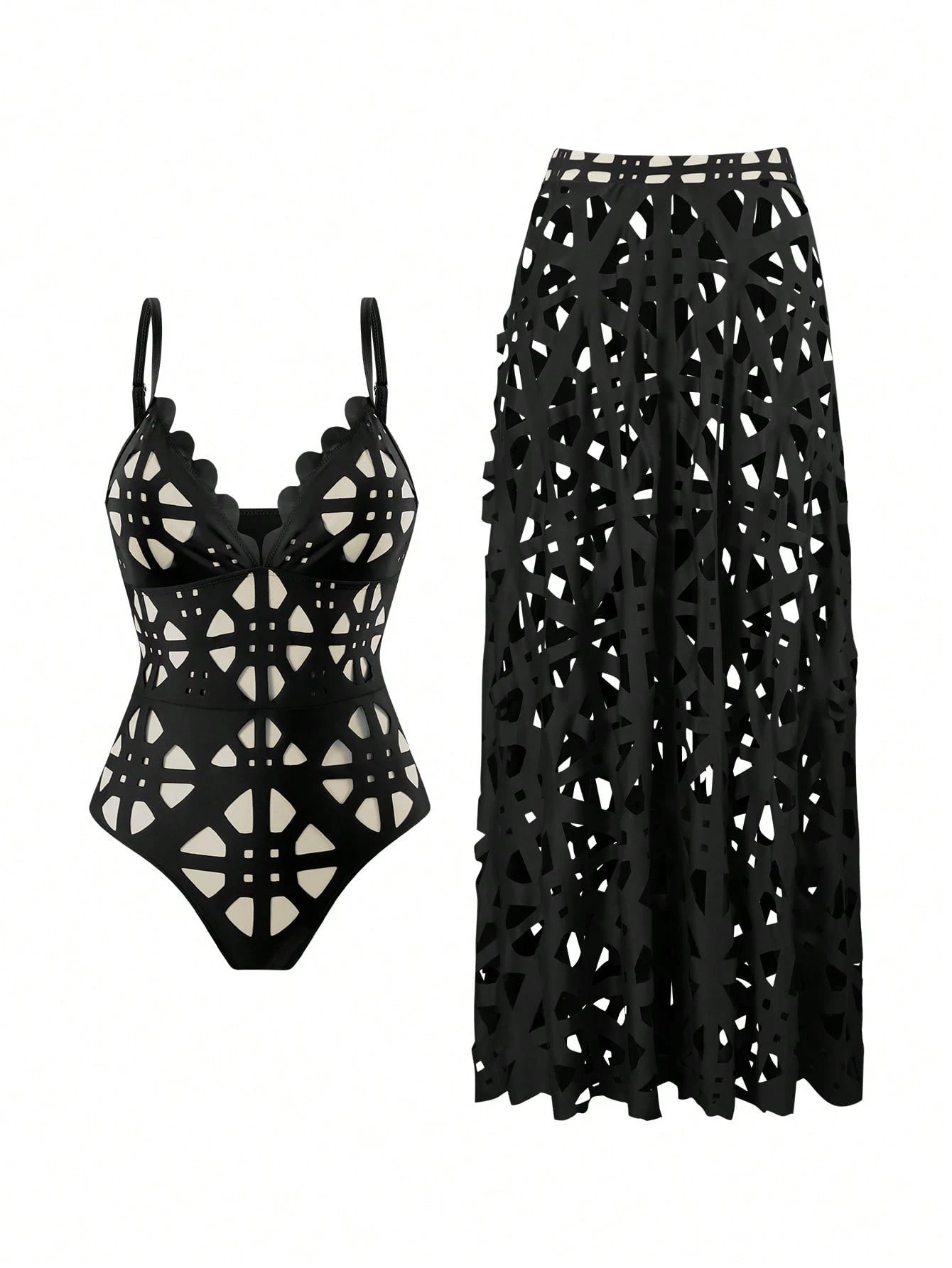 Sirith New Summer Women's Black Laser Cut Out Halter Sexy Hollow Out One Piece Swimsuit Skirt Set, Fashionable Pool Outfit
