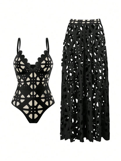 Sirith New Summer Women's Black Laser Cut Out Halter Sexy Hollow Out One Piece Swimsuit Skirt Set, Fashionable Pool Outfit