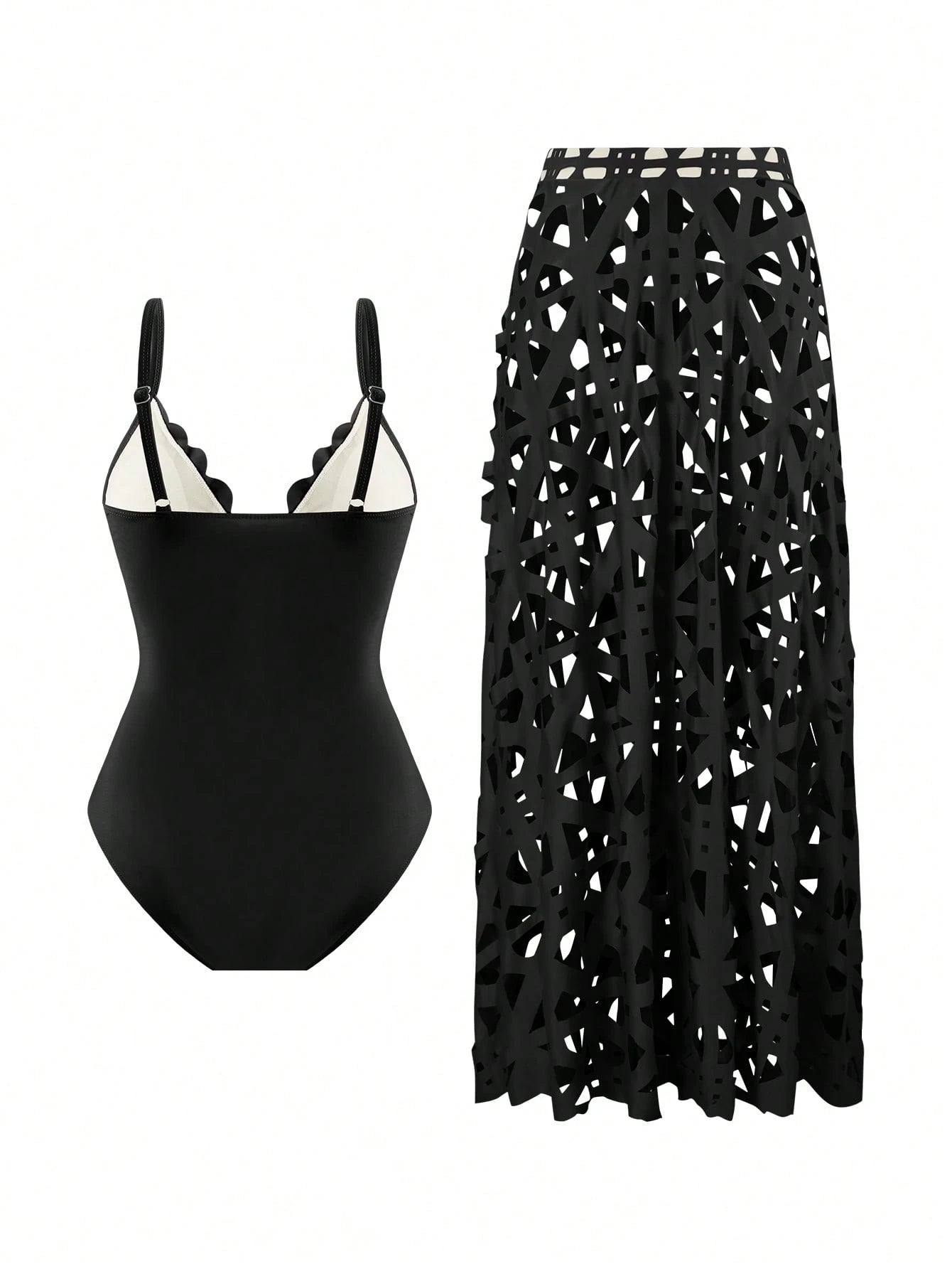 Sirith New Summer Women's Black Laser Cut Out Halter Sexy Hollow Out One Piece Swimsuit Skirt Set, Fashionable Pool Outfit