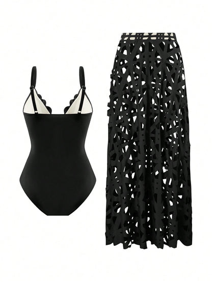Sirith New Summer Women's Black Laser Cut Out Halter Sexy Hollow Out One Piece Swimsuit Skirt Set, Fashionable Pool Outfit