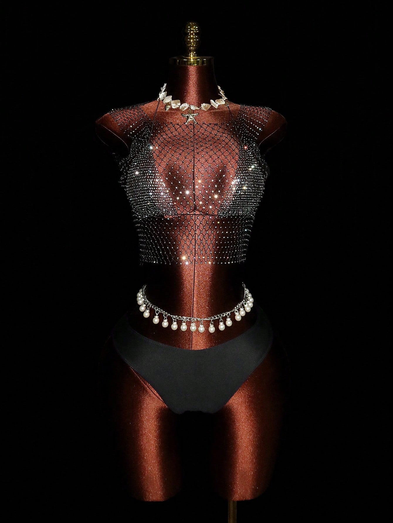 Sirith Summer Y2k Rhinestone Fishnet Square Neck Sleeveless Top And Diamonds Bikini Tops 2 Pieces Outfits For Women Going Out Holiday Vacation Festival Rave