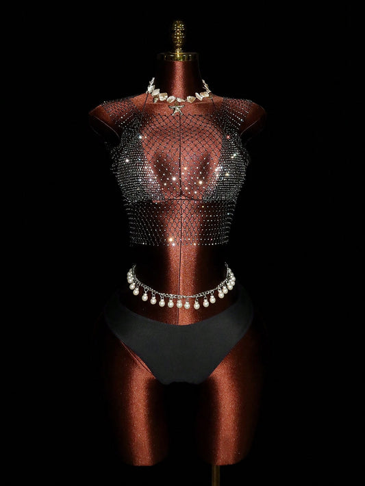 Sirith Summer Y2k Rhinestone Fishnet Square Neck Sleeveless Top And Diamonds Bikini Tops 2 Pieces Outfits For Women Going Out Holiday Vacation Festival Rave