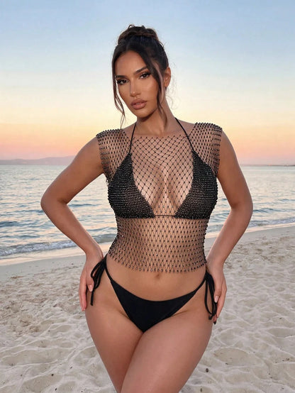 Sirith Summer Y2k Rhinestone Fishnet Square Neck Sleeveless Top And Diamonds Bikini Tops 2 Pieces Outfits For Women Going Out Holiday Vacation Festival Rave