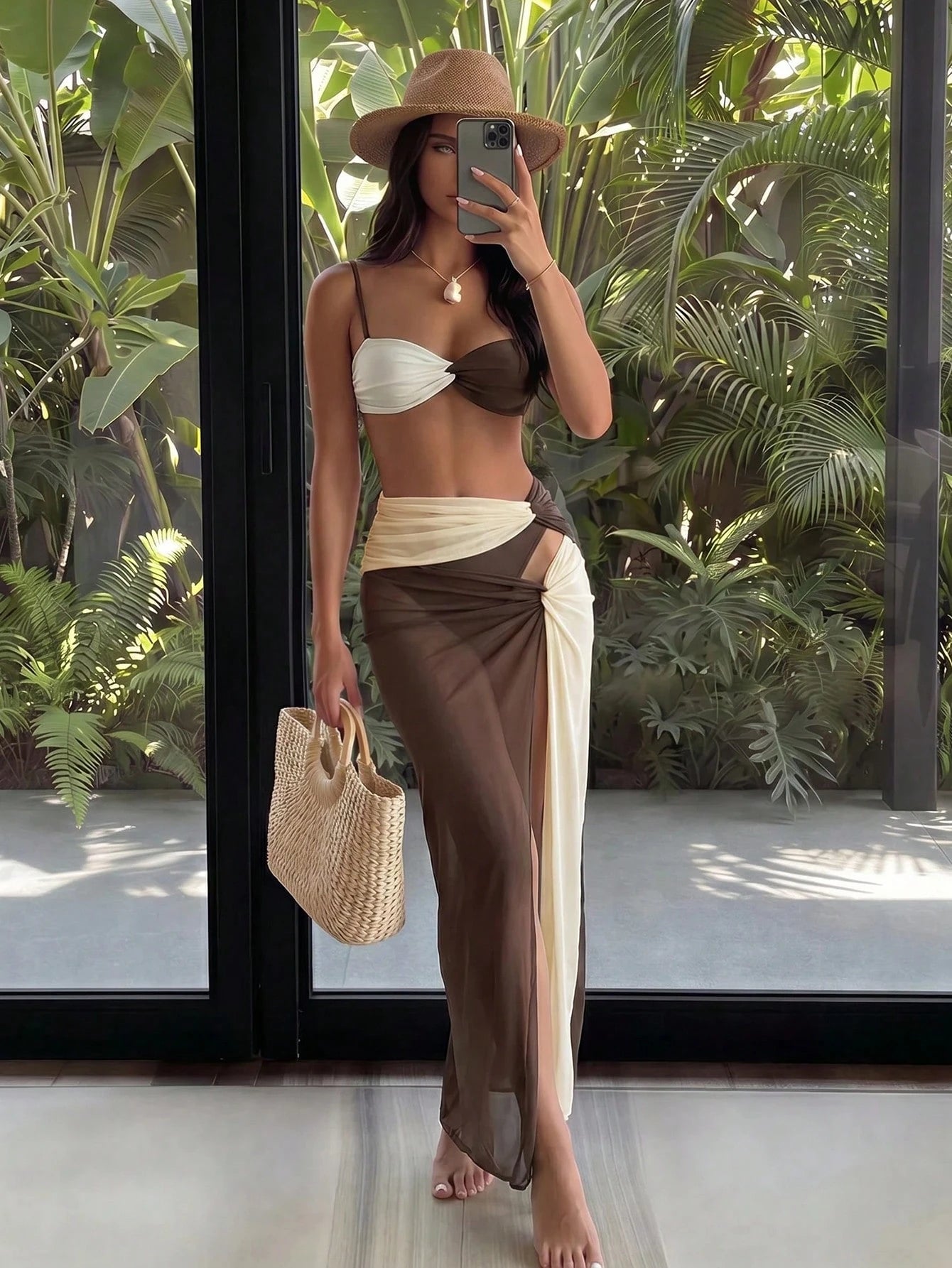 Sirith Women's Chocolate Brown Twist Bikini Top,Triangle Bottom & Mesh Maxi Skirt Swimwear Set,Summer Casual Beach Holiday Vacation Holiday Swimsuit Style